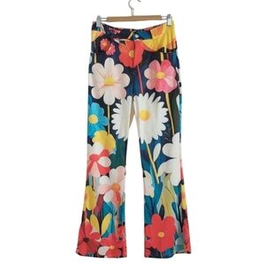 Colorful Floral Boot Cut High Waist Women's Pants. Size M